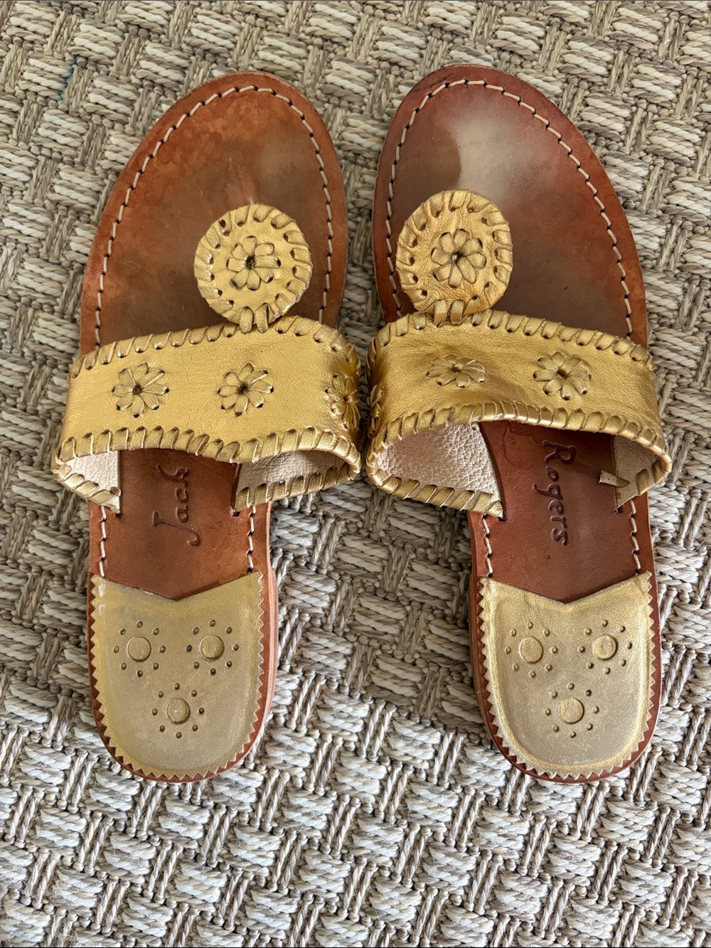 Jack Rogers Gold Leather Floral Whipstitch Sandals